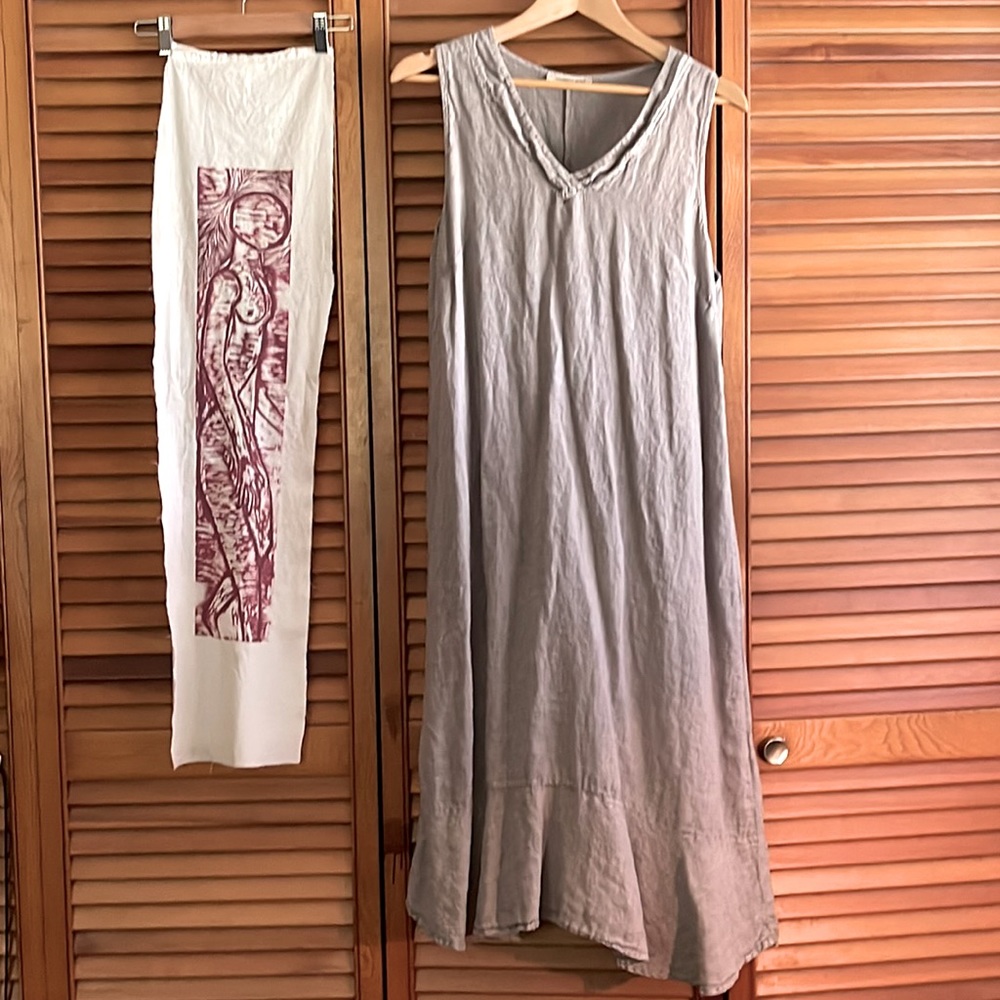 Francesca Bettini Italian linen sleeveless dress neutral fall color flounce hem